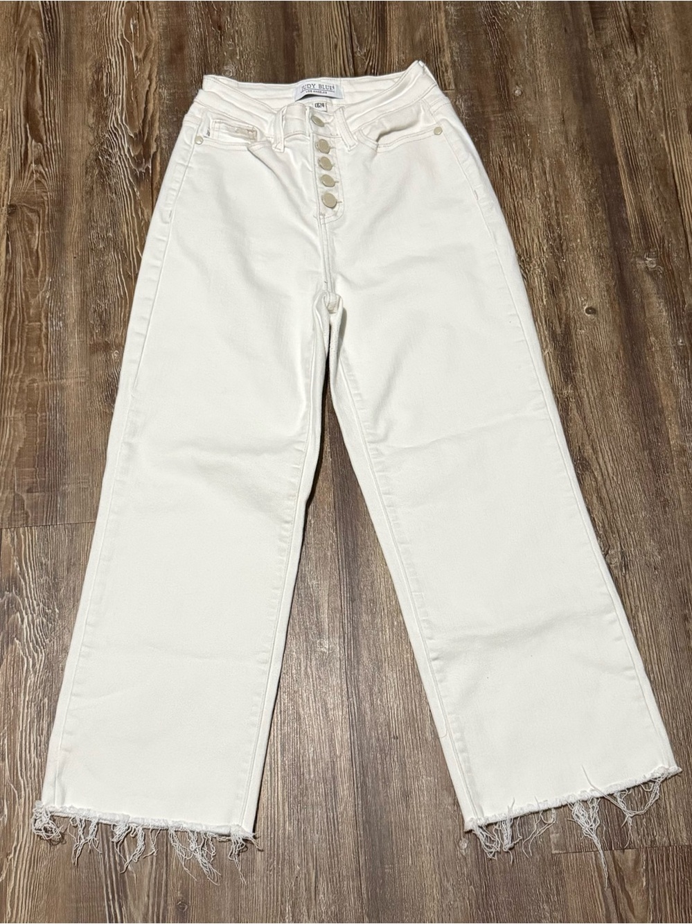Judy Blue Wide Cropped Jeans Women's 0/24 White Exposed Button Fly Raw Hem Denim